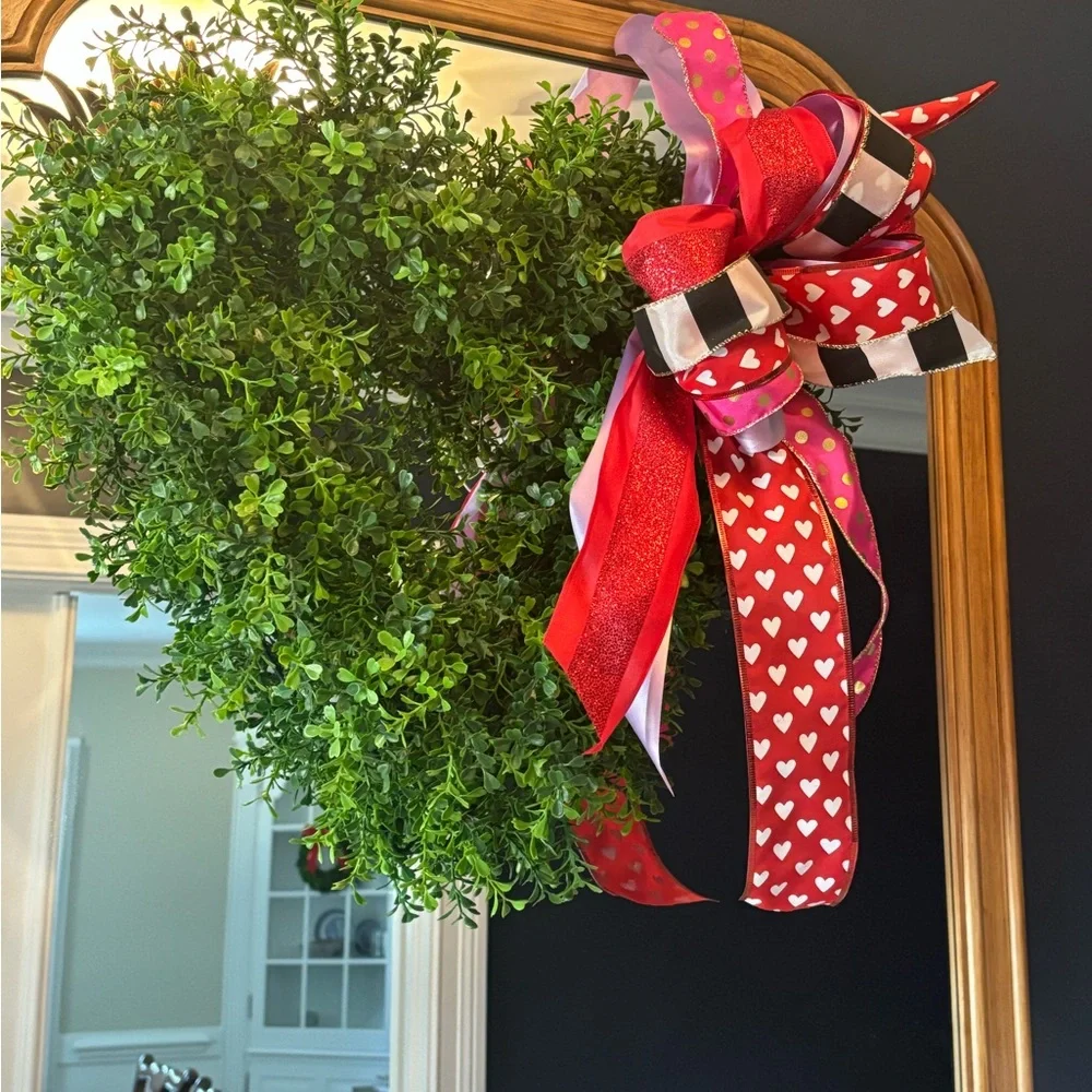 Heart-Shaped Greenery Wreath with Red and Pink Ribbon